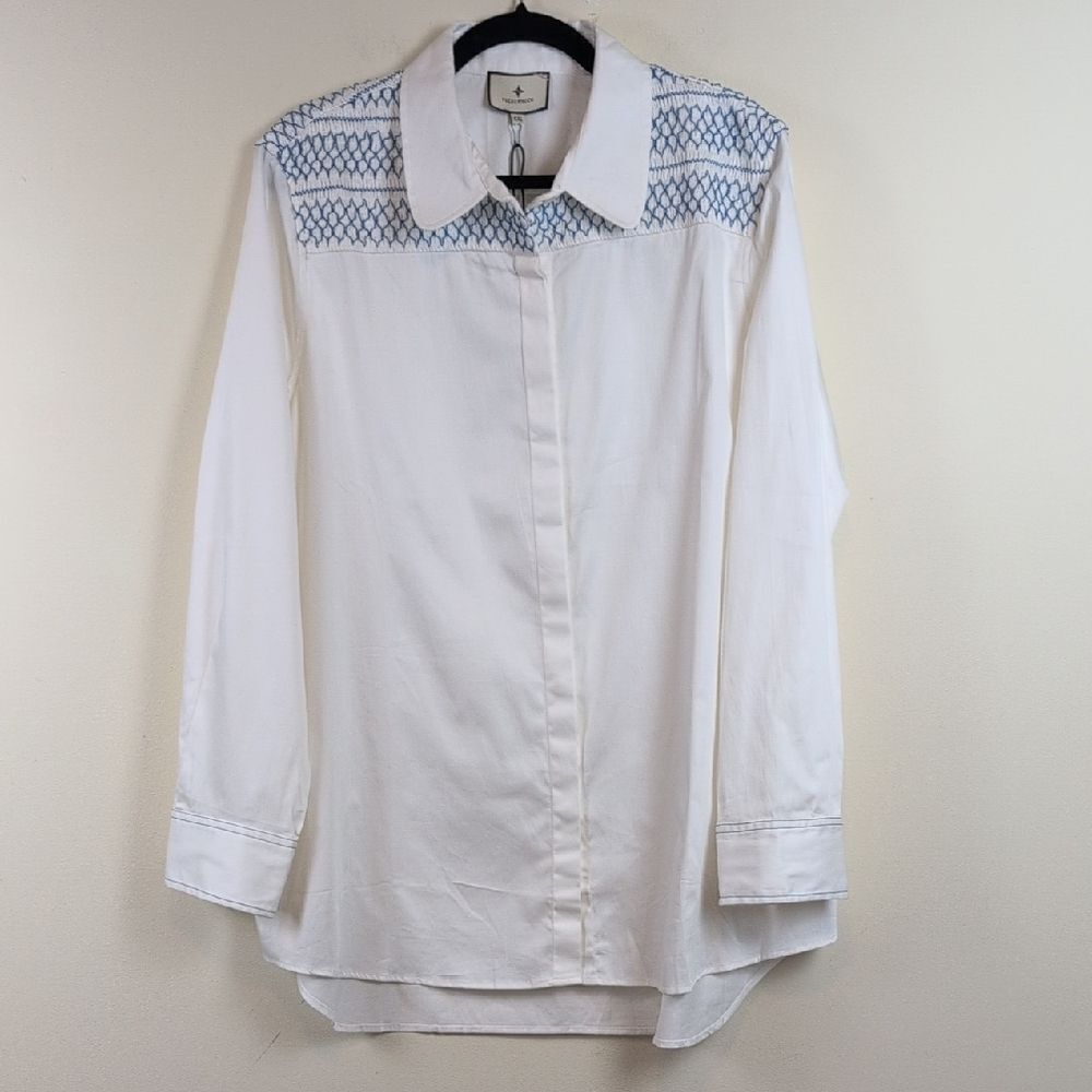 Tuckernuck White Smocked Marlowe Hidden Button Front Blouse Top Size XXL NWT